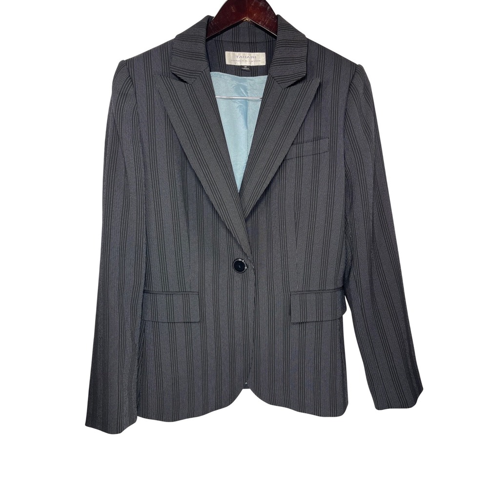 Tahari Blazer Women 10 Charcoal Grey Pinstripe Single Button Notched Lapel - Picture 1 of 9